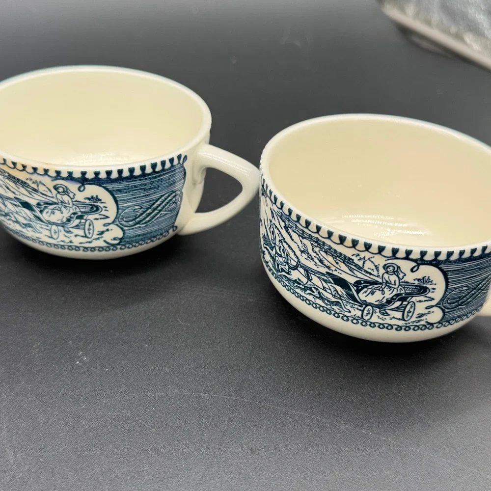 Currier & Ives Blue and Cream Ceramic Teacup Set
